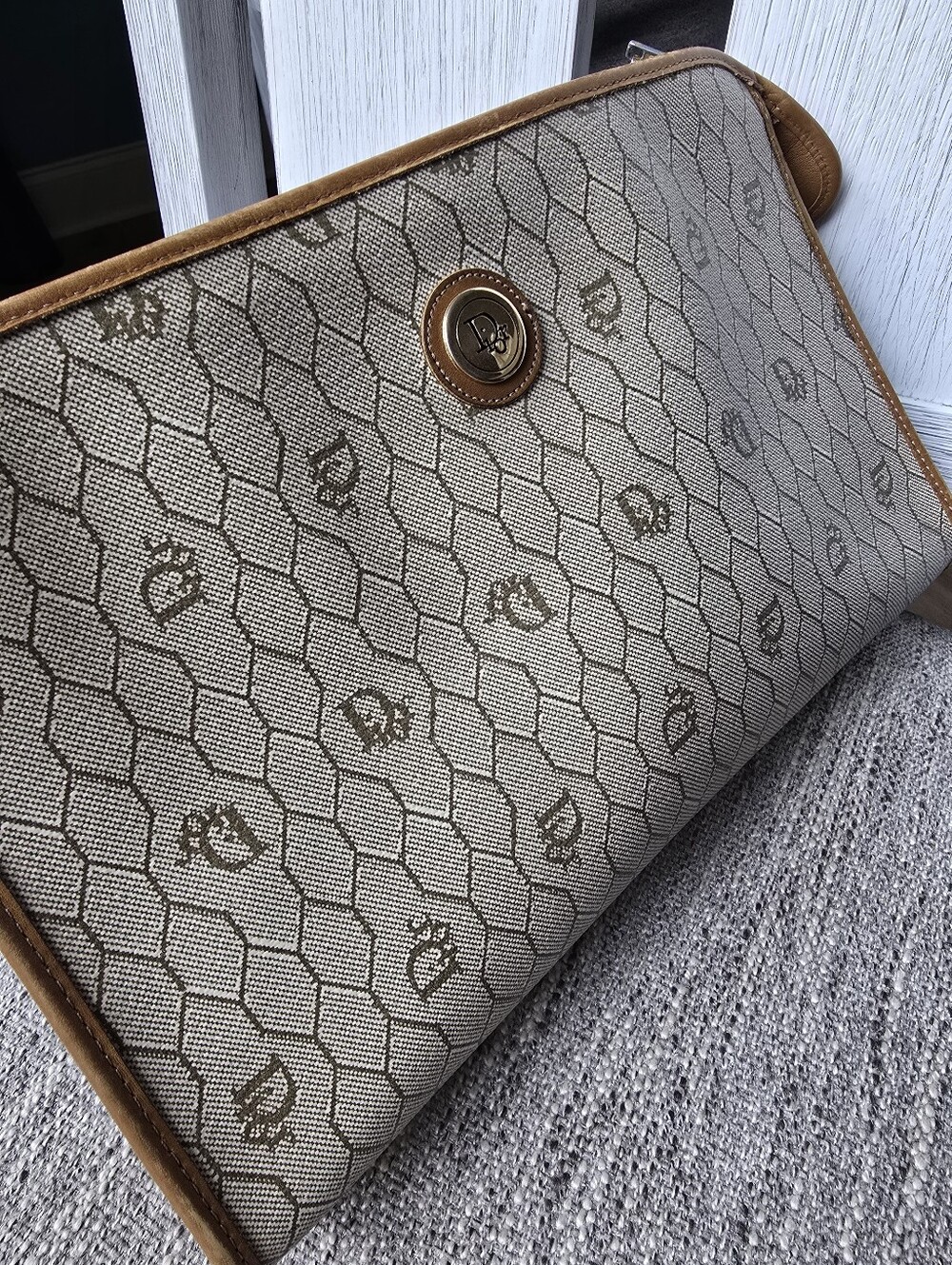 Authentic Dior Monogram Canvas Wristlet Clutch in Beige and Tan